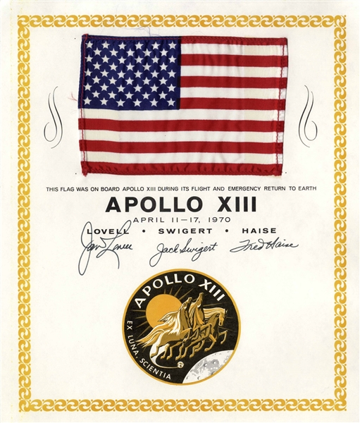 Apollo 13 United States Flag Space-Flown -- Crew-Signed & Uninscribed, From the Jack Swigert Estate